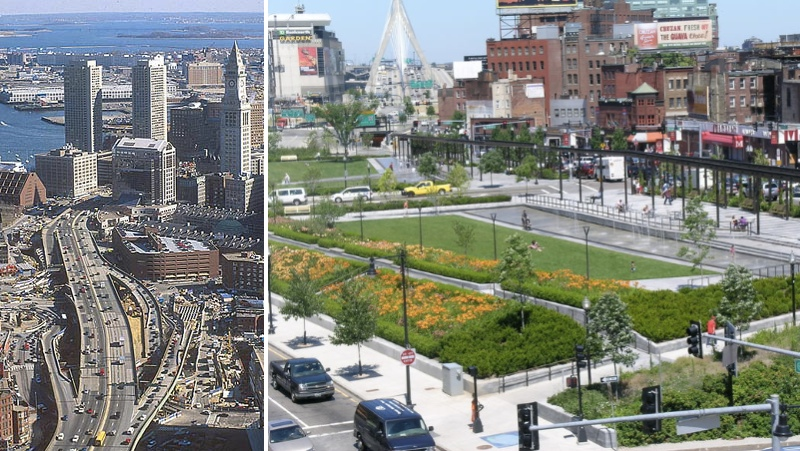 Boston’s Big Dig project famously buried miles of highways under a series of parks and promenades that kept the city intact. Photos MASS DOT and Rose F. Kennedy Greenway